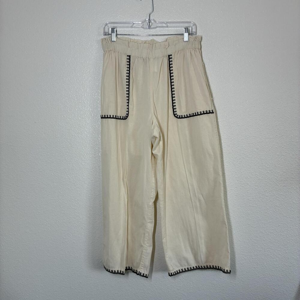 Calligraphie Anthropologie Pants Large Cream Wide Leg Cropped Embroidered Pocket